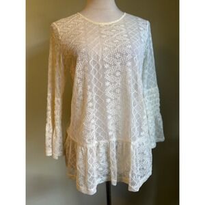 Lace Bell Sleeve Tiered Ruffle Tunic Top Ivory Cream Victorian boho whimsi Y2K S